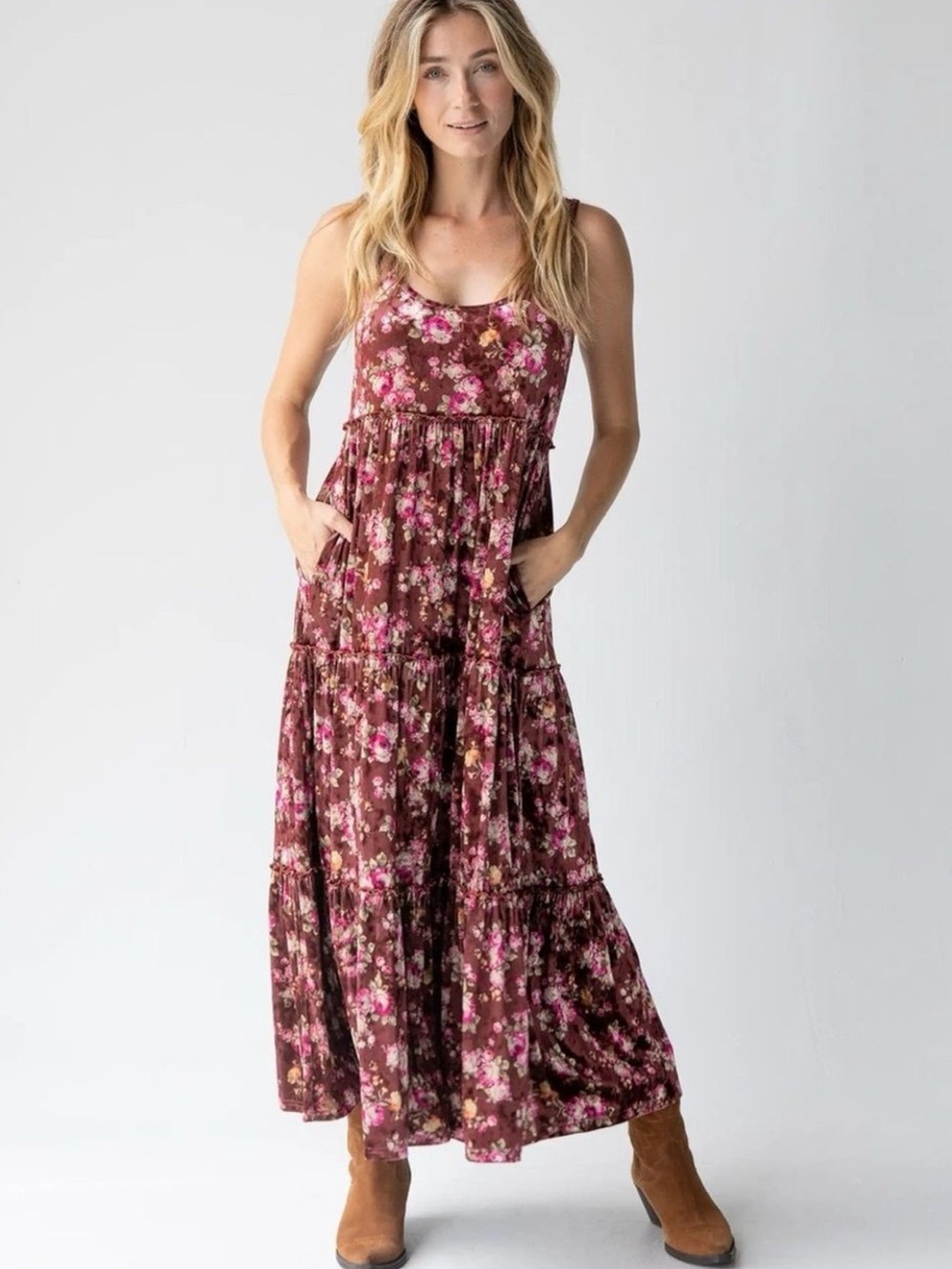 NATURAL LIFE Karlie Burgundy Velvet Floral Tiered Boho Maxi Dress Size S NWT